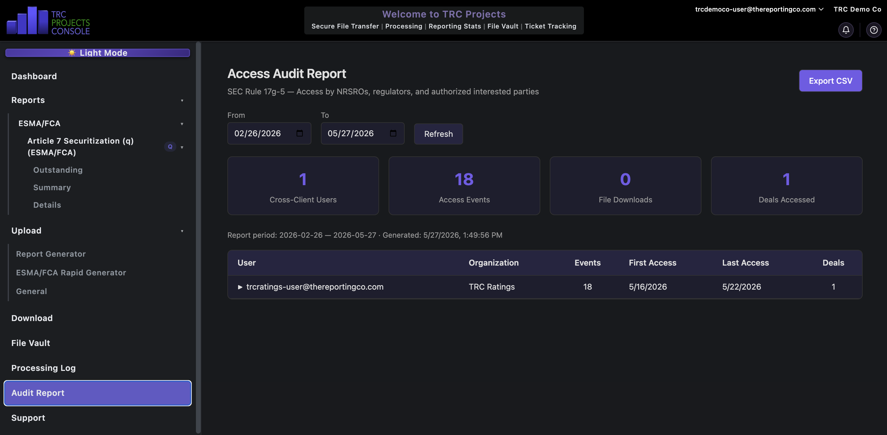 Audit report log detailing user login events and file access history for NRSRO oversight
